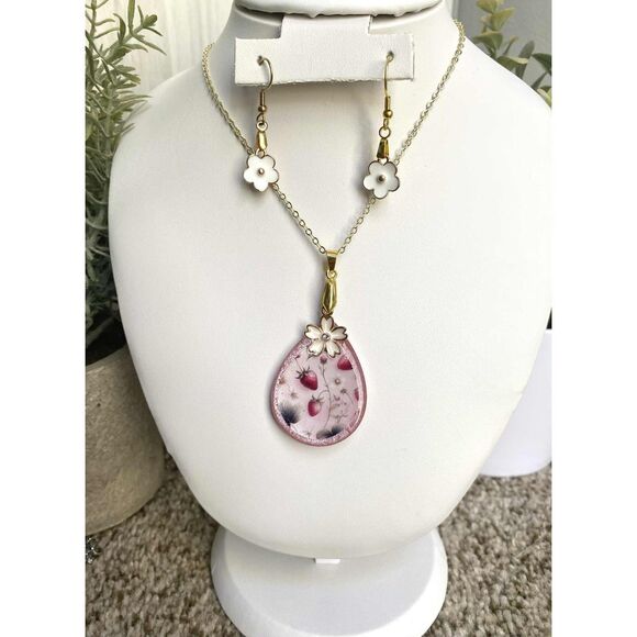 Handmade Resin Pink Strawberry and White 3 Piece Jewelry Set - Picture 2 of 5